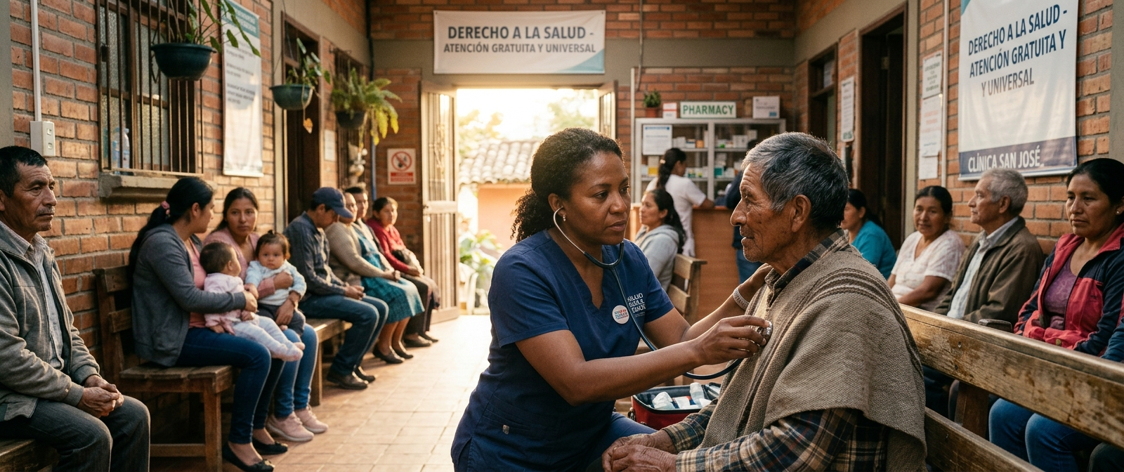 Clínica comunitaria con personas esperando atención médica bajo un letrero de 'Derecho a la salud'