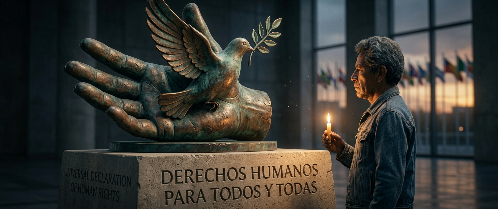Monumento de derechos humanos: manos sosteniendo una paloma sobre una base que dice 'Derechos humanos para todos y todas'